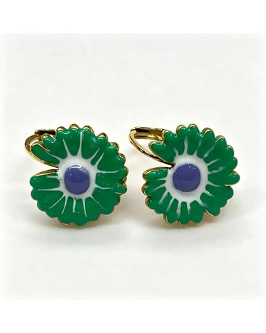 Gold hoop earrings with a green enamel zinnia flower charm and purple centre