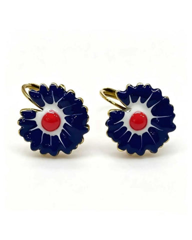 Gold hoop earrings with a navy enamel zinnia flower charm and red centre