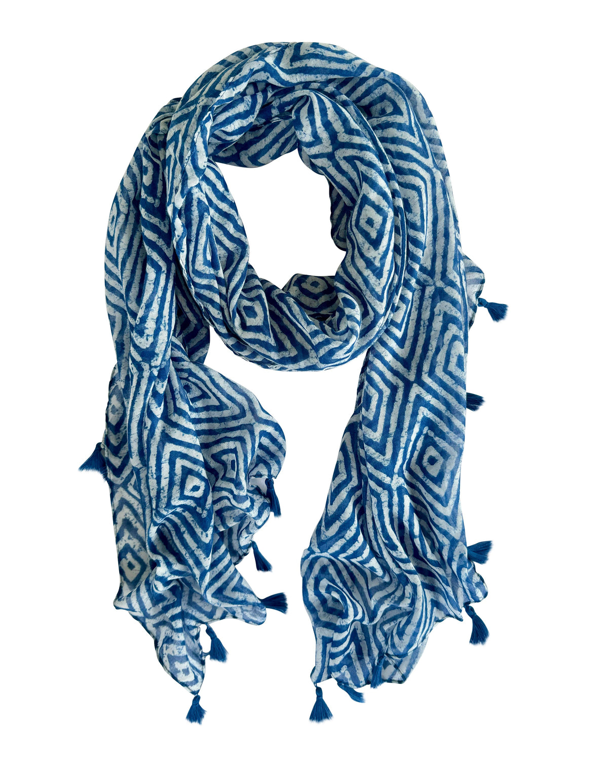lightweight scarf, scarf with tassels, blue scarf, summer scarf, geometric scarf