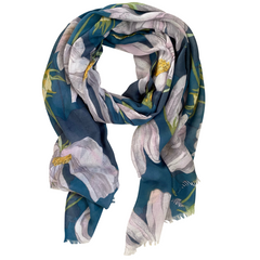 Discover the elegance of our teal green and lilac scarf, a vibrant masterpiece with rich teal as its base and beautiful lilac flowers adorned with fresh green stems. The frayed edges add a relaxed, bohemian touch, making it a versatile accessory for both casual and dressy occasions. Crafted from a comfortable polyester blend, this scarf measures 70-80cm x 180cm.