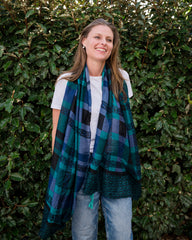 Elevate your look with our stylish tartan print scarf, showcasing a mix of blues and greens, highlighted by aqua tassels on each corner. The modern geometric design adds flair to this classic pattern, perfect for adding color and style to any outfit while staying cozy and chic. Crafted from a comfortable polyester blend.