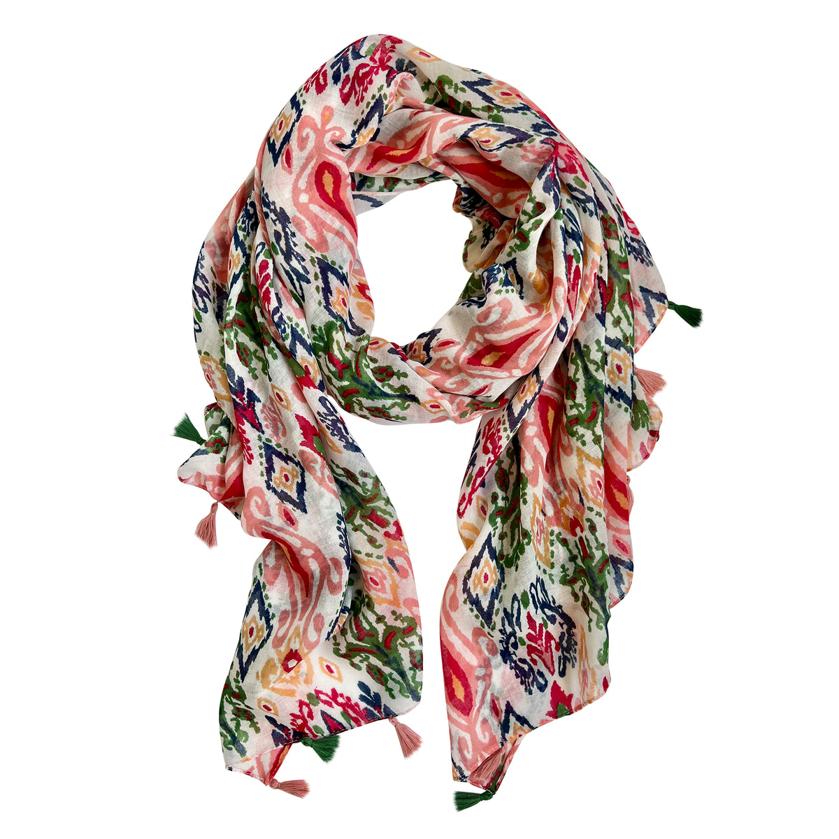 Enhance your style with our bold Moroccan-inspired print scarf, featuring vibrant colors of green, pink, blue, and a dash of yellow for a unique and striking design. The playful pink and green tassels at the ends add a charming finishing touch, making this scarf a perfect and lively addition to any wardrobe.