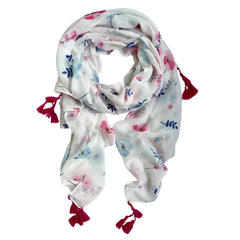 Elevate your look with our soft white-based scarf, beautifully designed for a feminine and delightful appearance. Featuring gorgeous pink and blue daisies and bold pink tassels at each corner, this accessory is a must-have for any wardrobe. The soft white base ensures versatility, effortlessly pairing with various colors and styles. Crafted from a comfortable polyester blend.