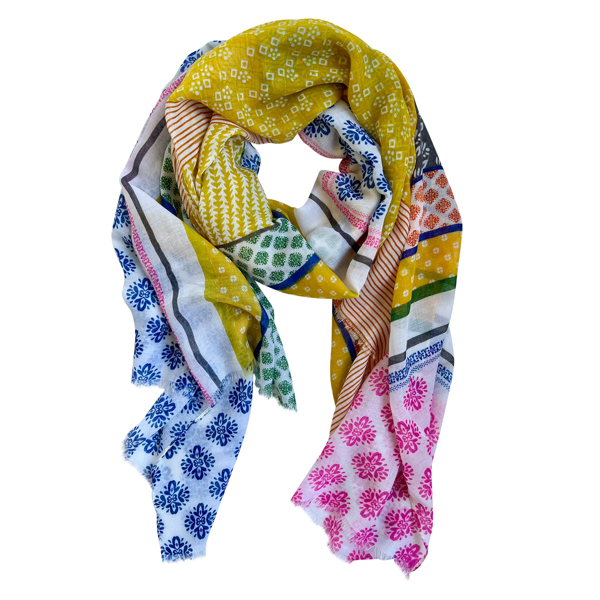 Elevate your style with our abstract scarf featuring a captivating mosaic-like pattern in a blend of blue, pink, green, grey, and yellow tones. Frayed edges add texture and a casual touch to the intricate design. Crafted from a comfortable polyester blend, this scarf is a unique accessory for a stylish and relaxed look.