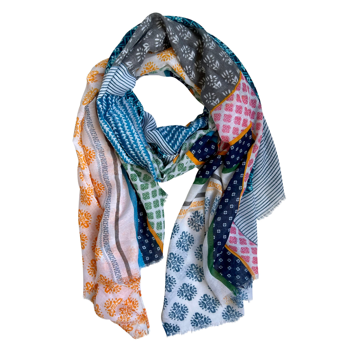 Elevate your style with our abstract scarf featuring a mesmerizing mosaic-like pattern in deep blues and greens, highlighted by pops of pink and yellow. The unique design is enhanced by frayed edges, adding texture and a relaxed feel to the overall look. Crafted from a comfortable polyester blend, this scarf is a stylish and versatile accessory.
