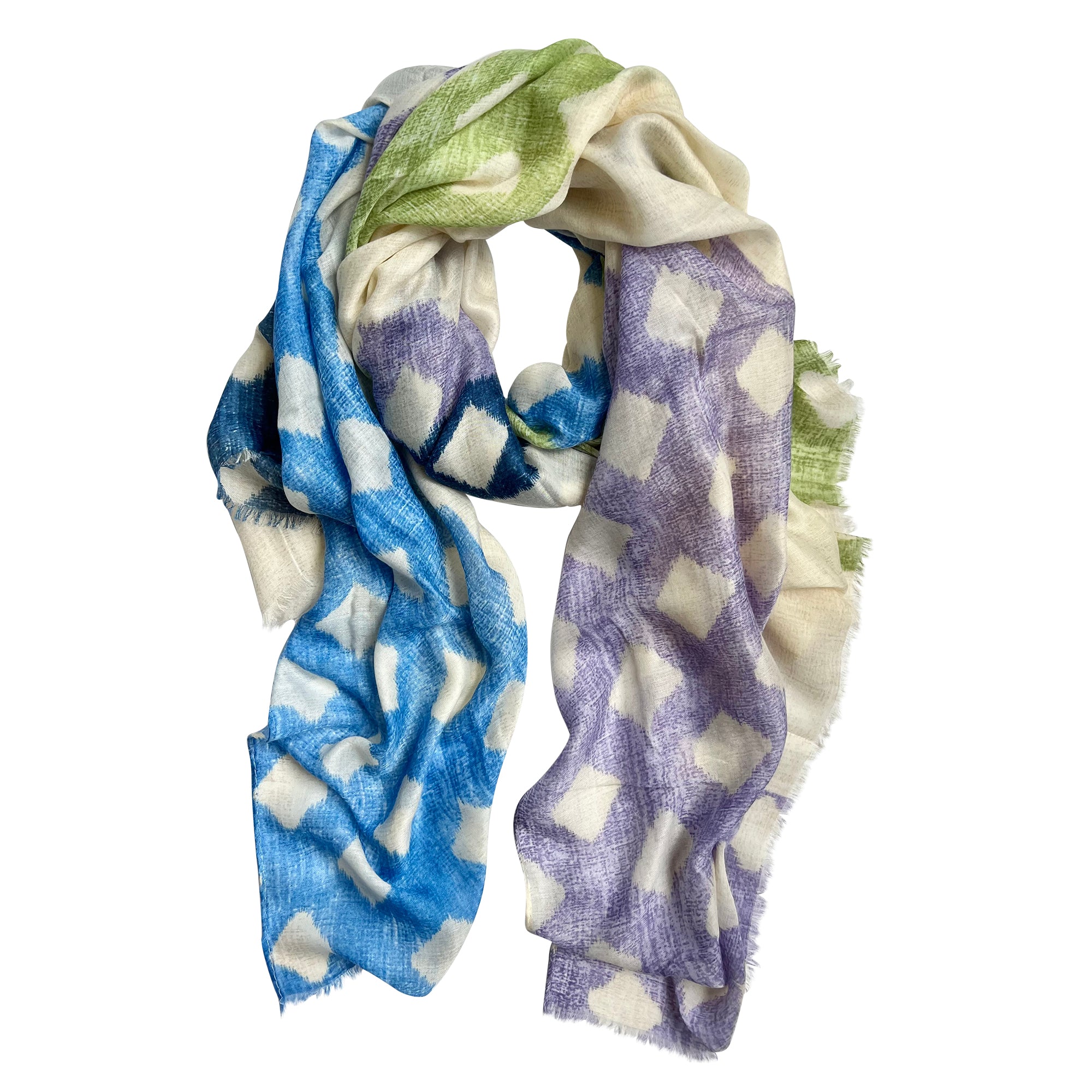 Make a statement with our lattice pattern scarf, blending bright blue, navy, purple, and lime tones. The cream center panel adds sophistication and balance to the design, while frayed edges provide texture and a casual feel. Lightweight and versatile, this scarf is the perfect accessory for adding a pop of color to any outfit. Crafted from a comfortable polyester blend.
