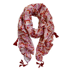 Elevate your style with our trendy geometric scarf showcasing a bold tessellating pattern in vibrant shades of pink, orange, and red. The eye-catching design is accentuated by playful red tassels at each corner. Crafted from a comfortable polyester blend, this scarf is a statement piece for any fashion-forward individual.
