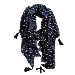 Explore our navy scarf adorned with an eye-catching pattern of spots in various sizes. Playful hot pink ring accents highlight some spots, adding a fun touch to the design. Complete with navy tassels, this scarf is the ideal accessory for a stylish and cozy winter look. Crafted from a comfortable polyester blend.