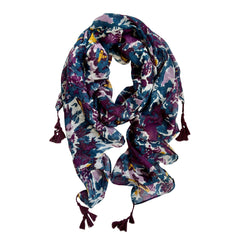 Elevate your style with our floral-print scarf showcasing a captivating palette of aubergine, purple, teal, and a touch of mustard. The rich hues stand out against the soft fabric, creating a sophisticated look. Finished with aubergine tassels, this acces