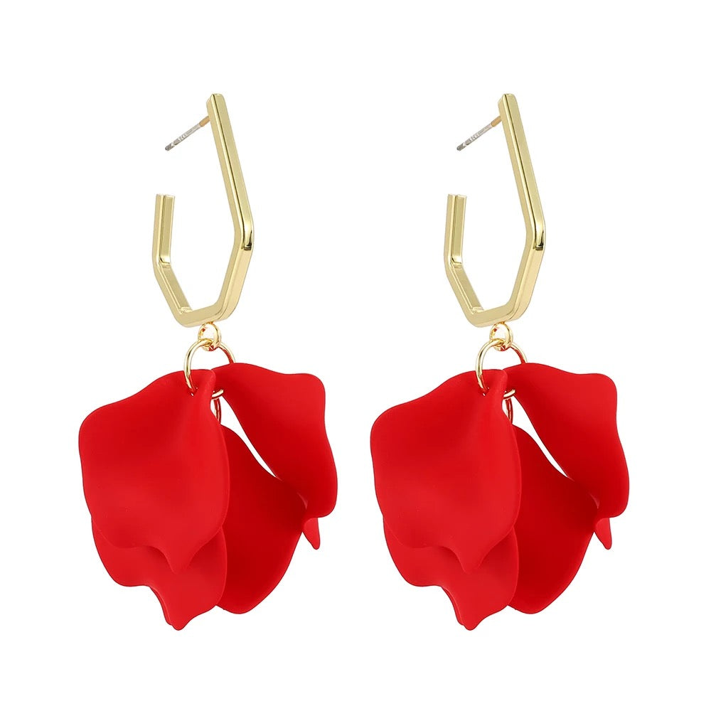 Petunia Gold Hoop with Red Petal Shaped Dangles