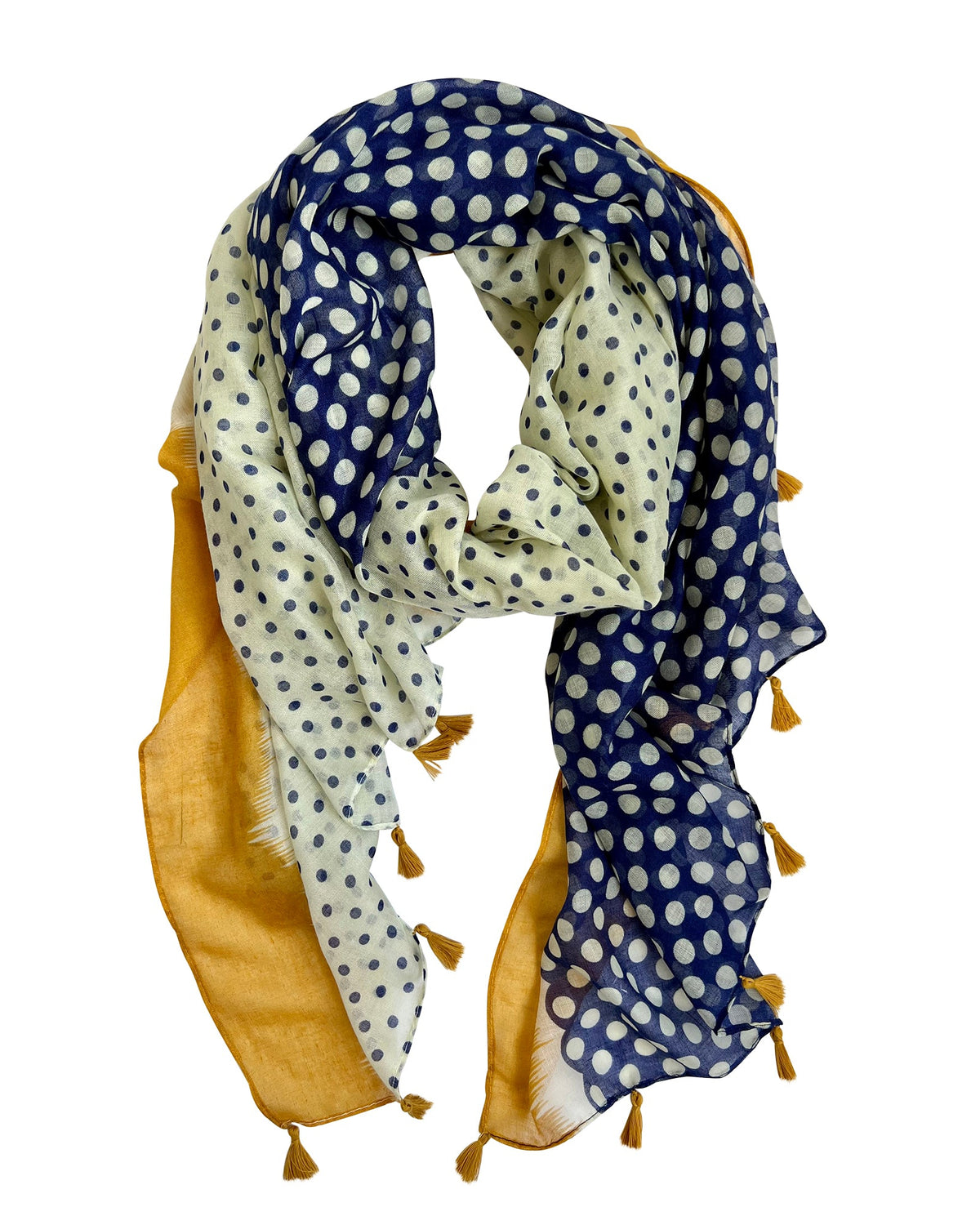 Elevate your style with our blue and off-white spot scarf, a versatile accessory that adds sophistication to any outfit. The abstract mustard border and playful tassels provide a pop of color and a finishing touch. The fresh and modern color combination makes it perfect for various outfits and occasions. Crafted from a comfortable polyester blend.