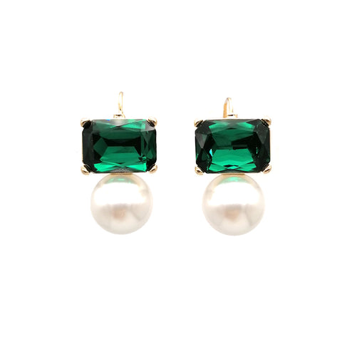 Maggie green rectangular crystal and faux pearl drop earrings by Greenwood Designs, shown on white background