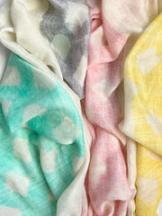 Elevate your style with our beautiful lattice pattern scarf, adorned with soft pastel colors of aqua, yellow, pink, and lilac. The cream center panel adds an elegant touch and balance to the design, while frayed edges provide texture and a casual feel. Lightweight and versatile, this scarf is the perfect accessory for creating a dreamy and feminine look. Crafted from a comfortable polyester blend.