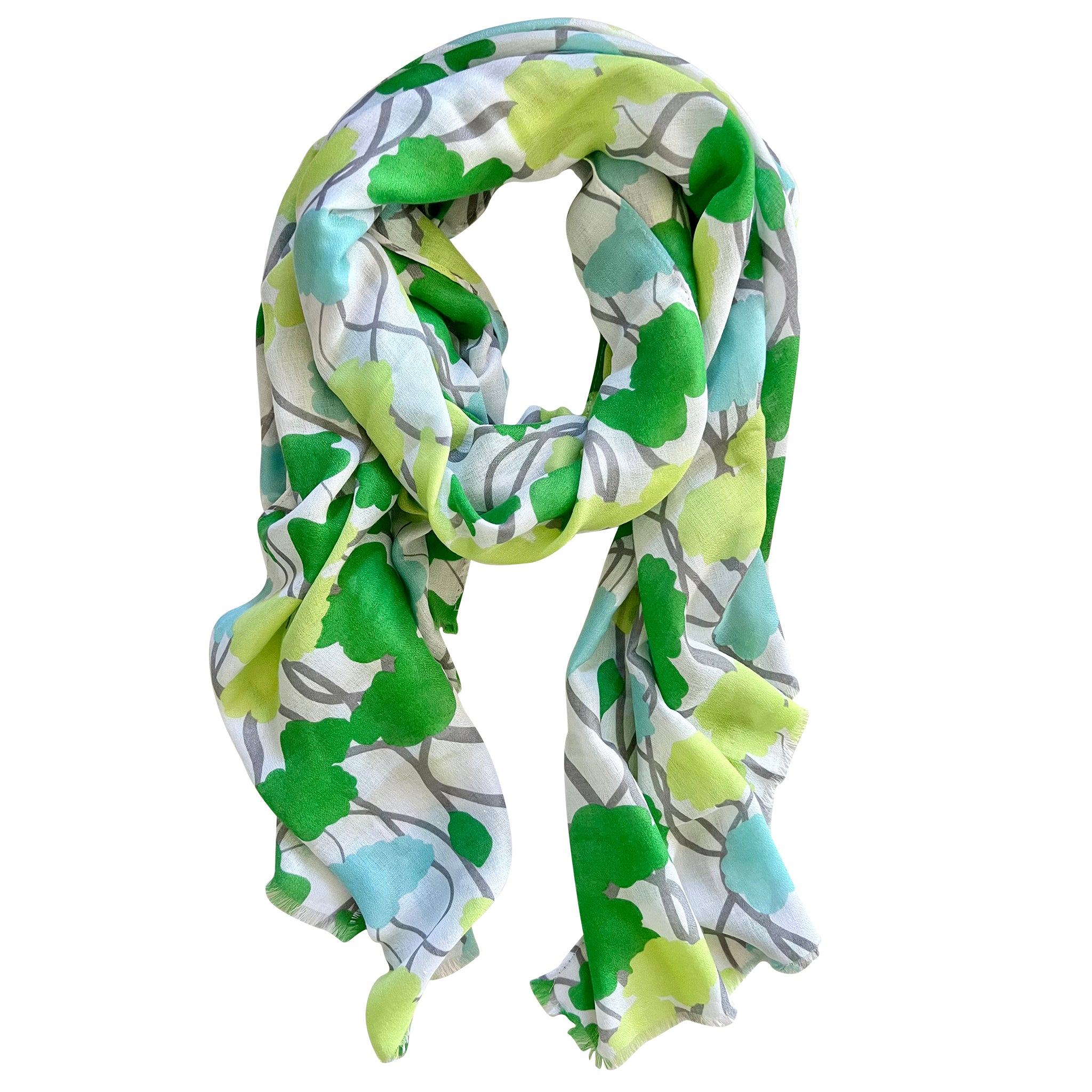 Discover elegance with our floral-patterned scarf in emerald, lime, and aqua, accented with a subtle touch of grey. A perfect accessory for green enthusiasts, adding a vibrant pop to any outfit. Whether a gift or personal use, this scarf is a cherished addition to any collection. Lightweight and versatile, it's ideal for year-round wear. Crafted from a comfortable polyester blend.