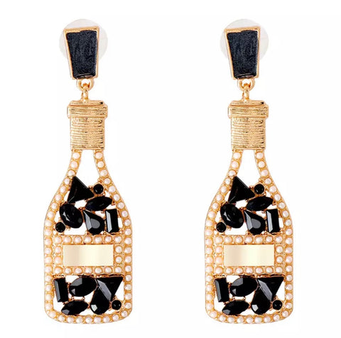 Champagne Bottle Earrings with Black Crystals