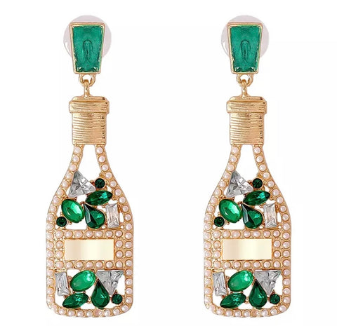Champagne Bottle Earrings with Green Crystals