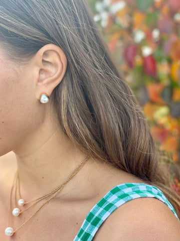 Bezel set gold freshwater pearl stud