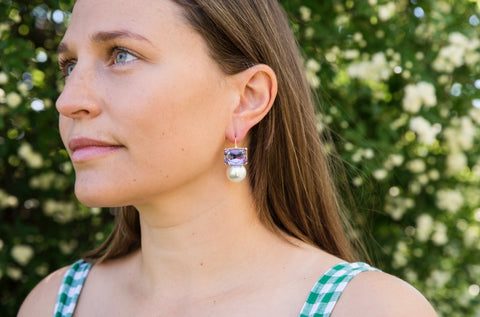 Maggie Violet Rectangular Crystal with Faux Pearl Earrings