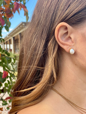 Bezel set gold freshwater pearl stud