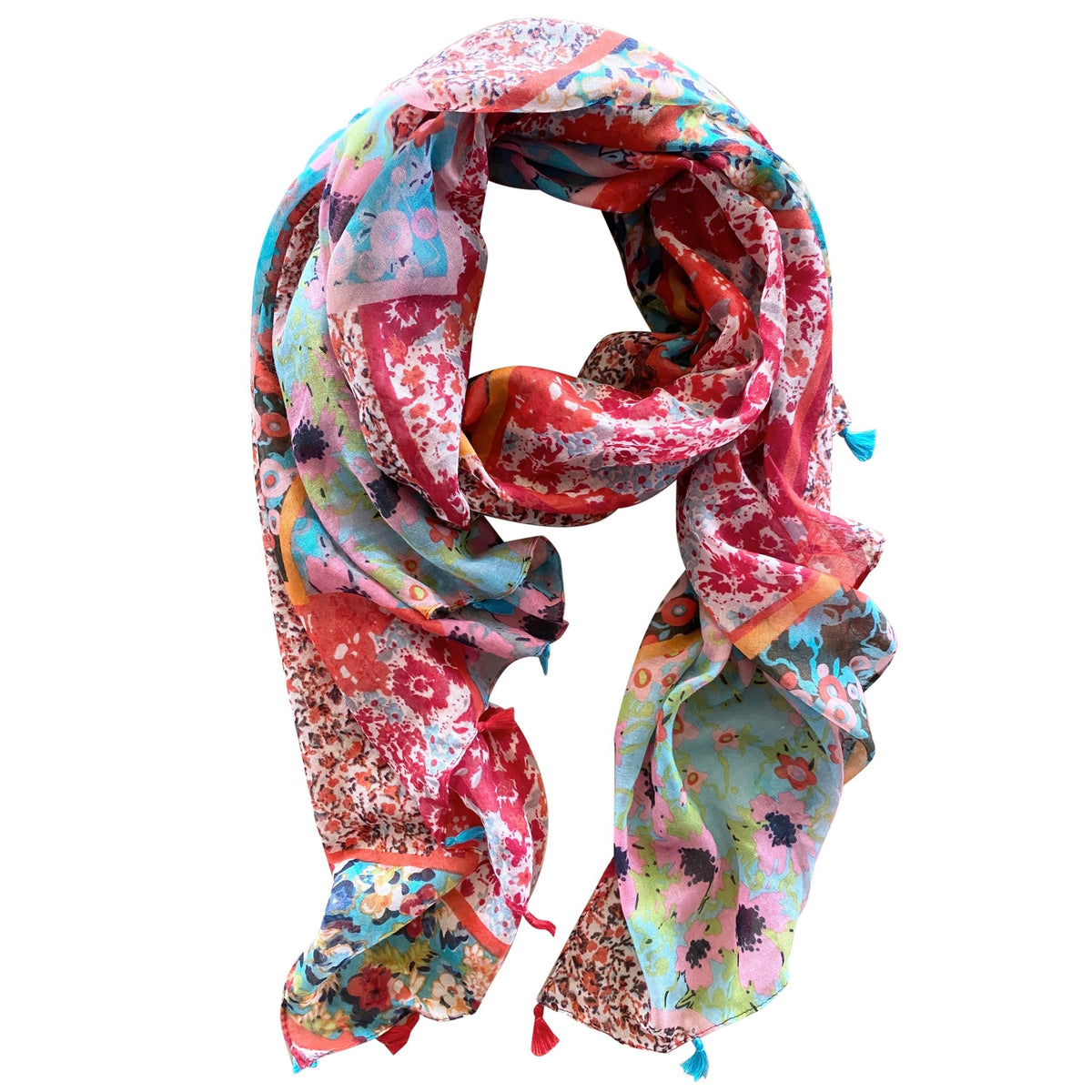 Add elegance with our unique floral and mosaic patterned scarf, adorned with red and blue tassels. Soft, lightweight, and comfortable for all-day wear. All scarves are a polyester blend.
