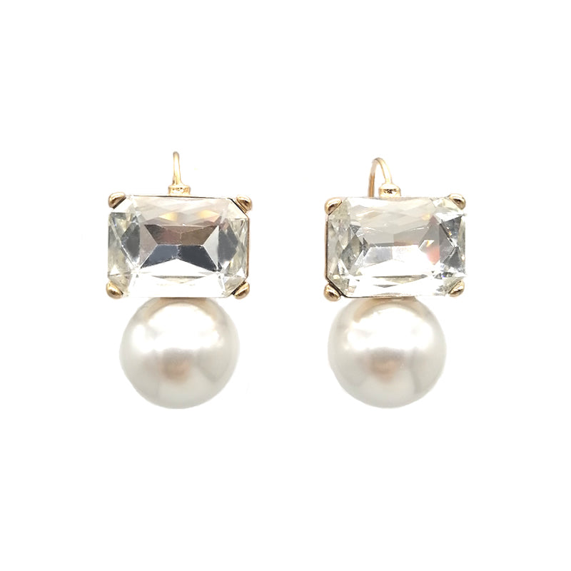 A pair of gold-plated earrings featuring a rectangular clear crystal above a faux pearl
