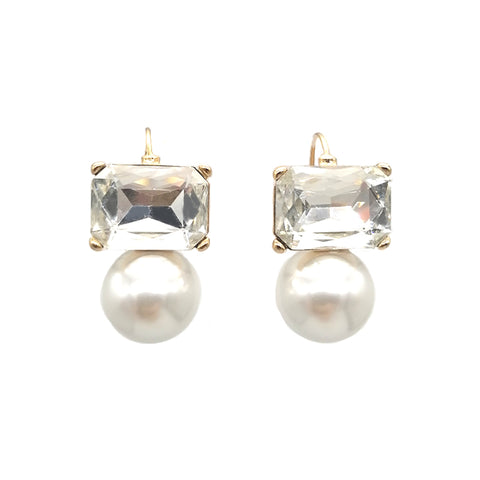 A pair of gold-plated earrings featuring a rectangular clear crystal above a faux pearl