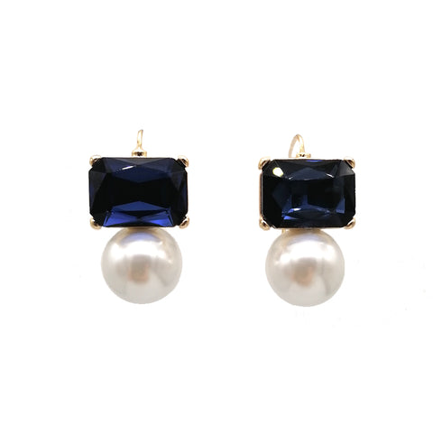 A pair of earrings featuring navy rectangular crystals with faux pearls, set in gold-plated settings.