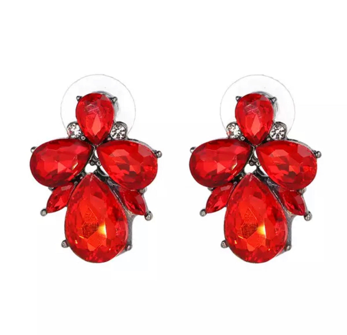 Angel red crystal cluster stud earrings by Greenwood Designs, featuring faceted red gemstone and clear crystal detail on white background