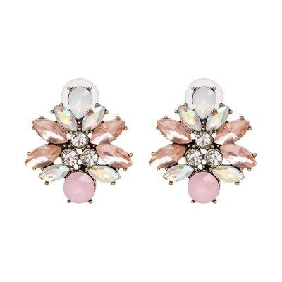 Peta soft pink crystal cluster flower stud earrings featuring blush, opal, and iridescent crystal detail by Greenwood Designs, shown on white background