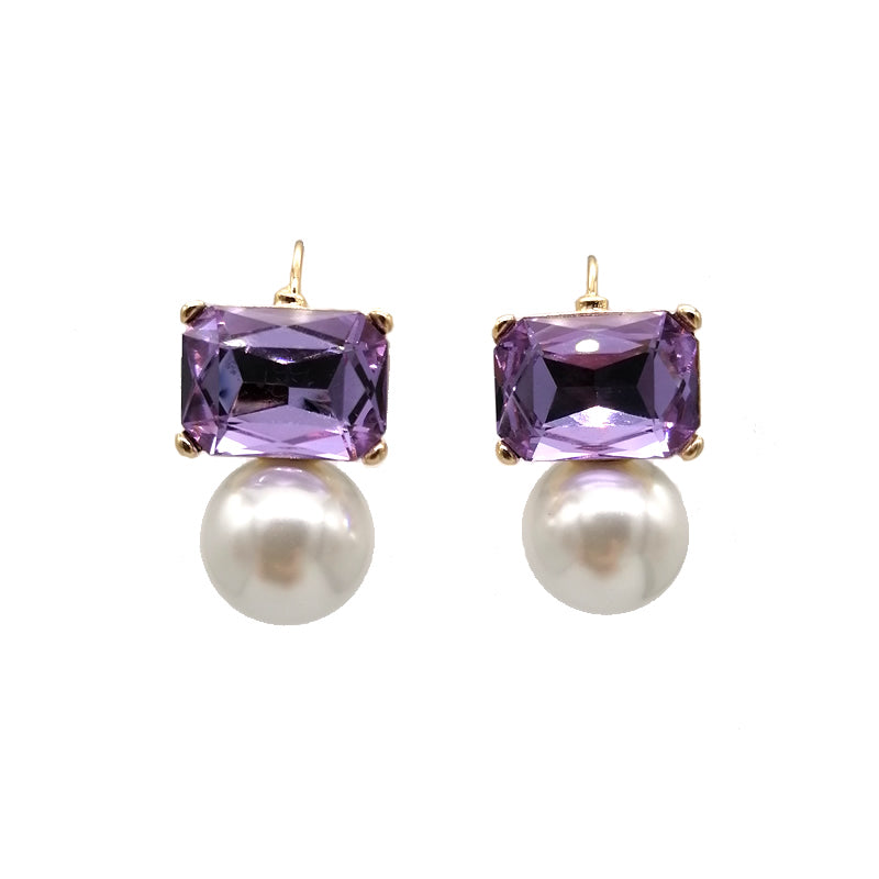 Maggie violet rectangular crystal and faux pearl drop earrings by Greenwood Designs, shown on white background